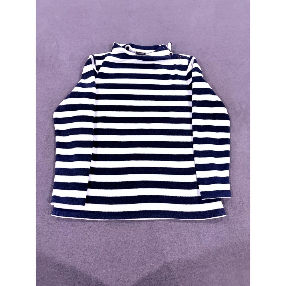 Talbots Sweater Womens M Petite Blue White Striped Mock Neck Shoulder Button